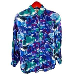 Vintage Silk Blouse button Down shirt top long sleeve Hawaiian colorful Sz Med